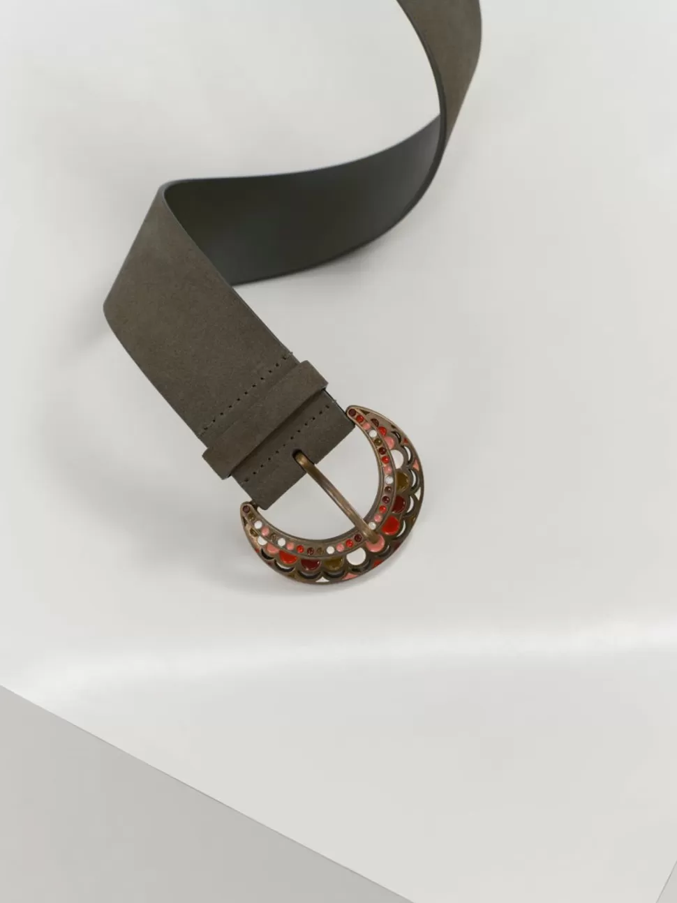 One Step Addict - Ceinture Large Kaki En Cuir Velours Certifie A Boucle Gravee Outlet