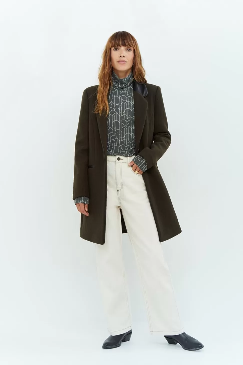 One Step Dida - Manteau Kaki Avec Col Cuir Synthetique Noir Sale