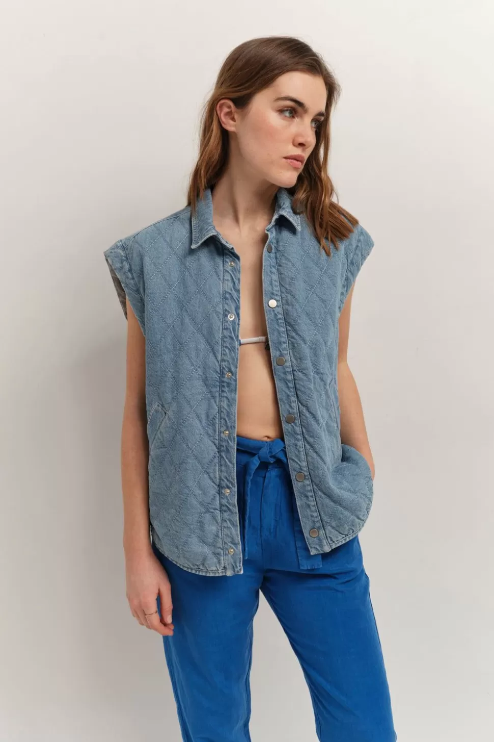 One Step Driss - Blouson En Jean Bleu Sans Manches New