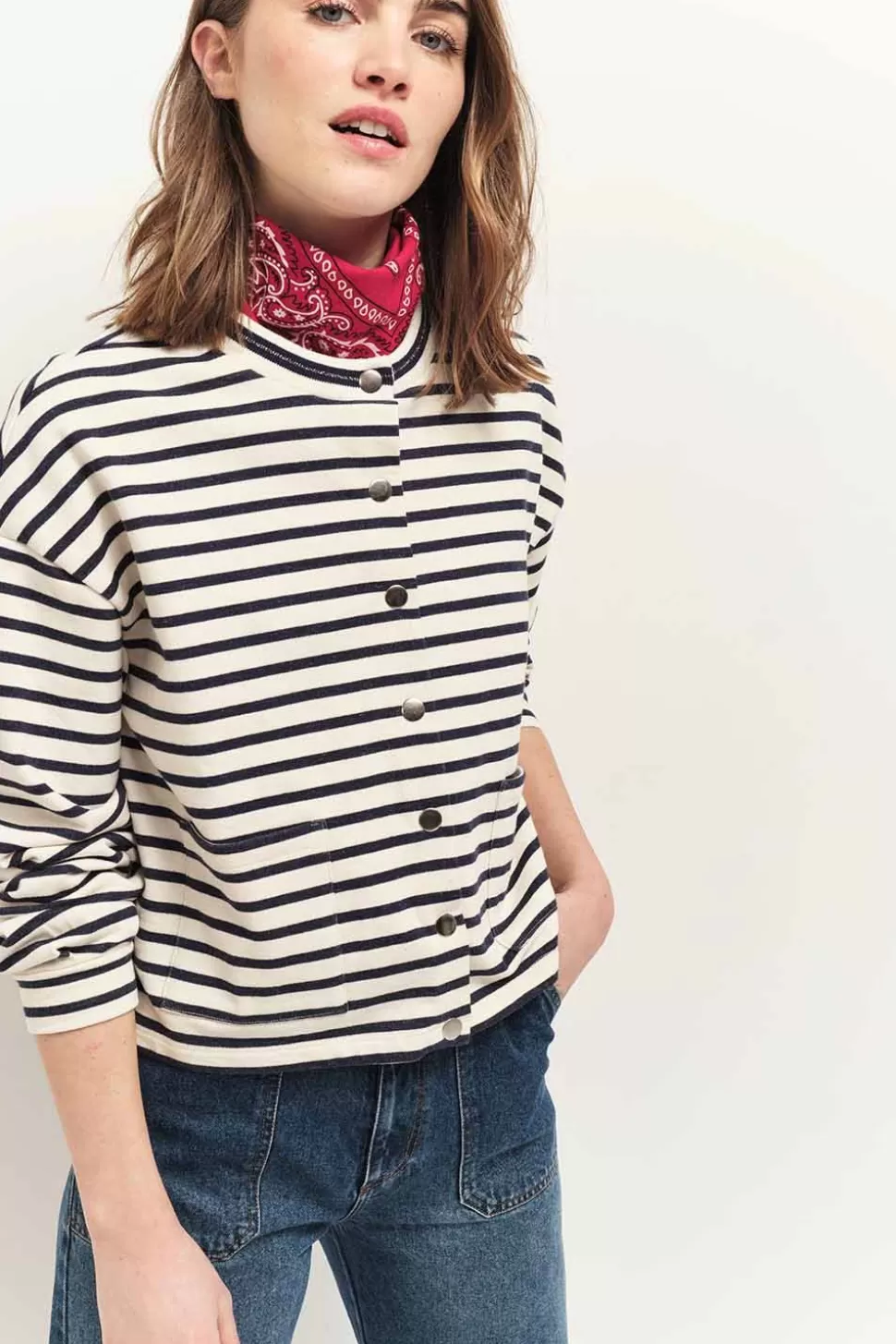 One Step Manny - Cardigan Mariniere Marine A Pressions New