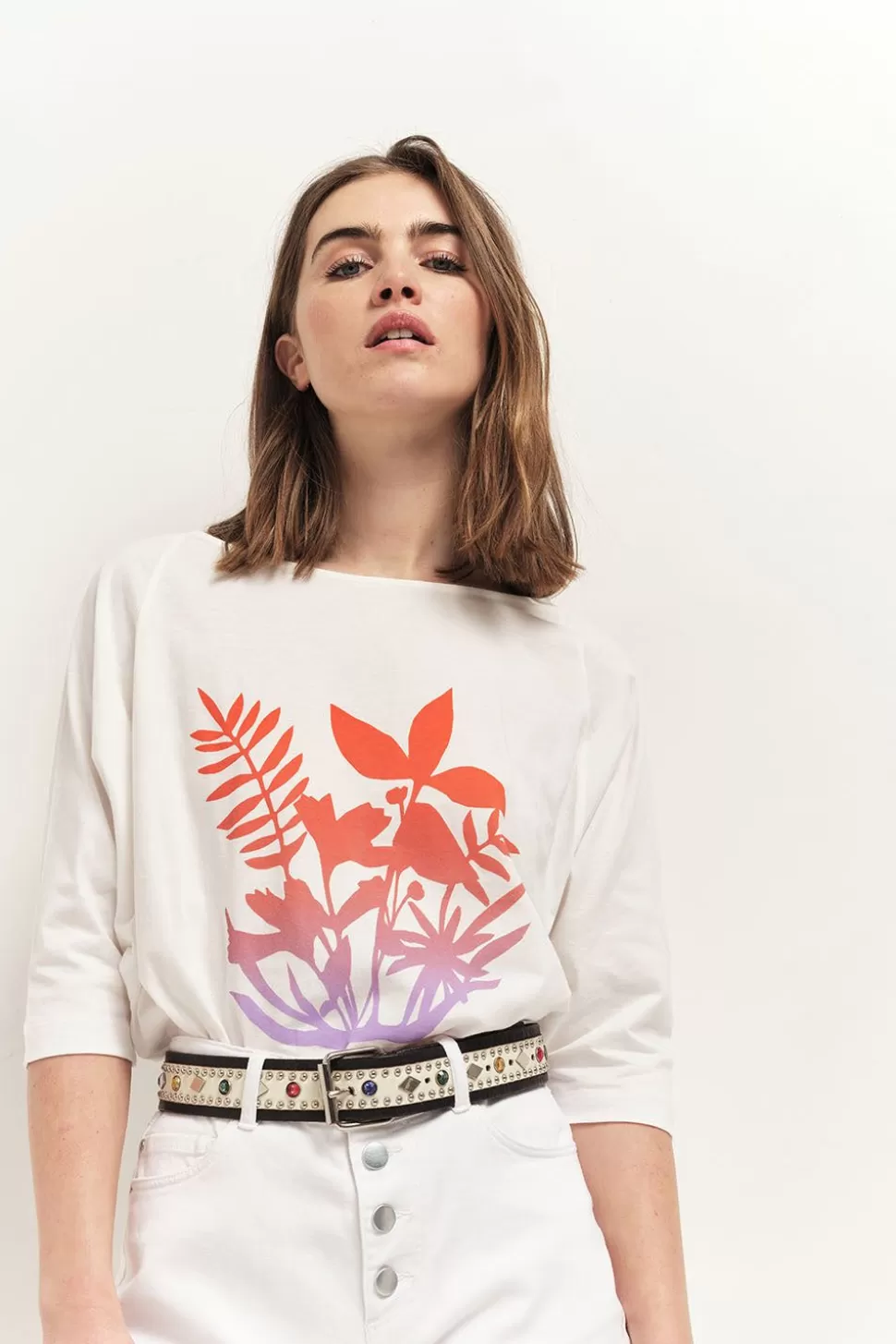 One Step Marco - T-Shirt Ecru Coton Bio Visuel Feuillages Effet Deep Dye Store
