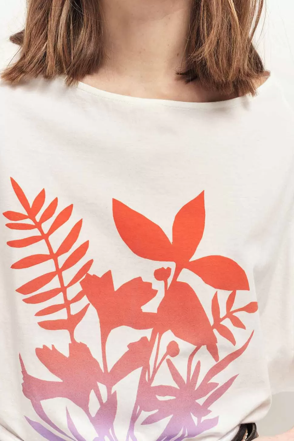 One Step Marco - T-Shirt Ecru Coton Bio Visuel Feuillages Effet Deep Dye Store