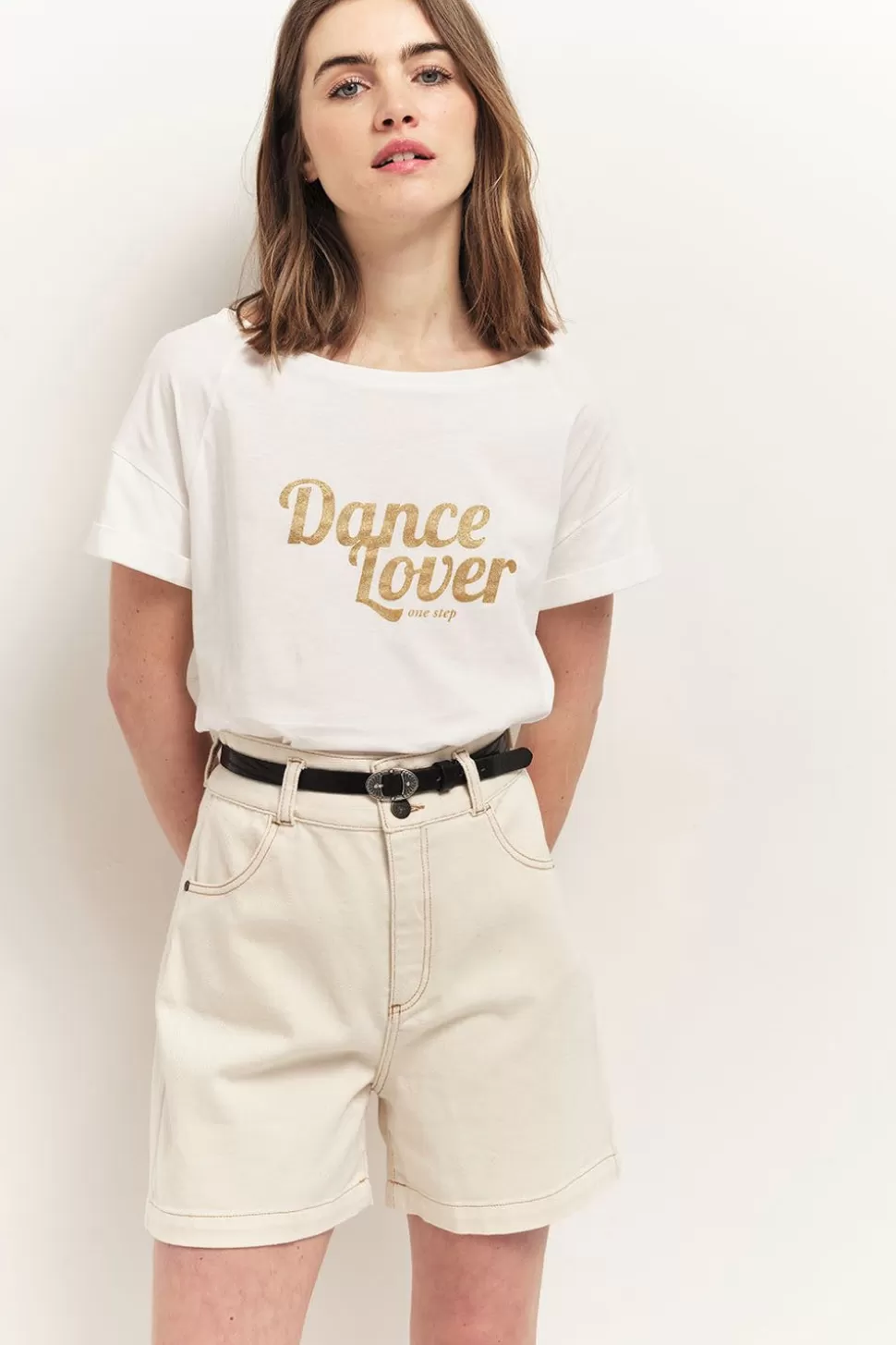 One Step Marlon - T-Shirt Ecru Coton Bio Message Paillettes Dorees Online
