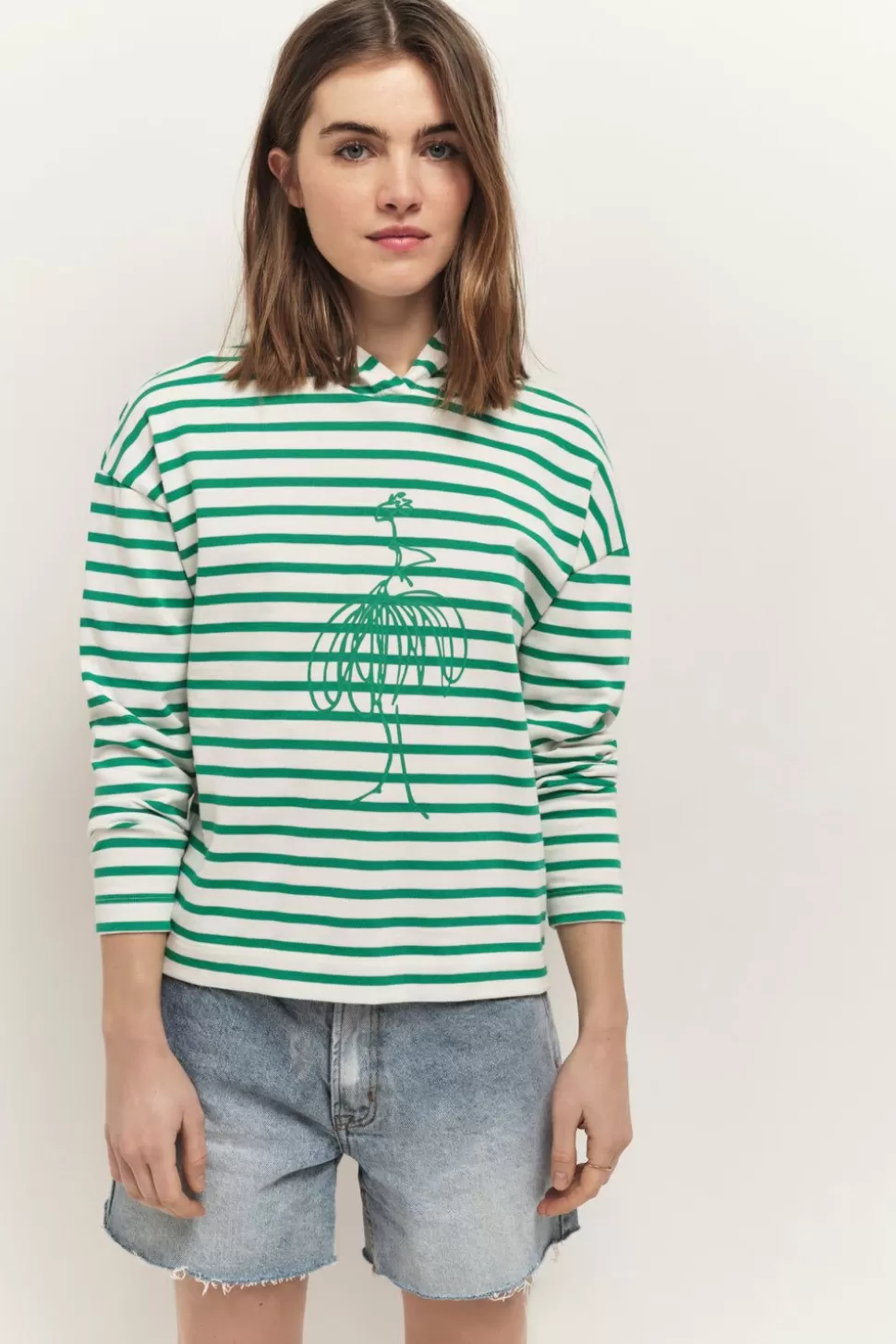 One Step Melki - T-Shirt Ecru Rayures Vertes Et Serigraphie Danseuse Shop