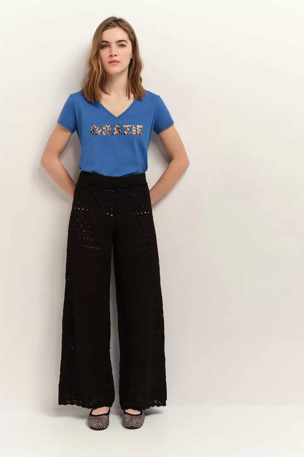One Step Mica - T-Shirt Santorin Blue Coton Bio Message Motif Leopard Metallise New
