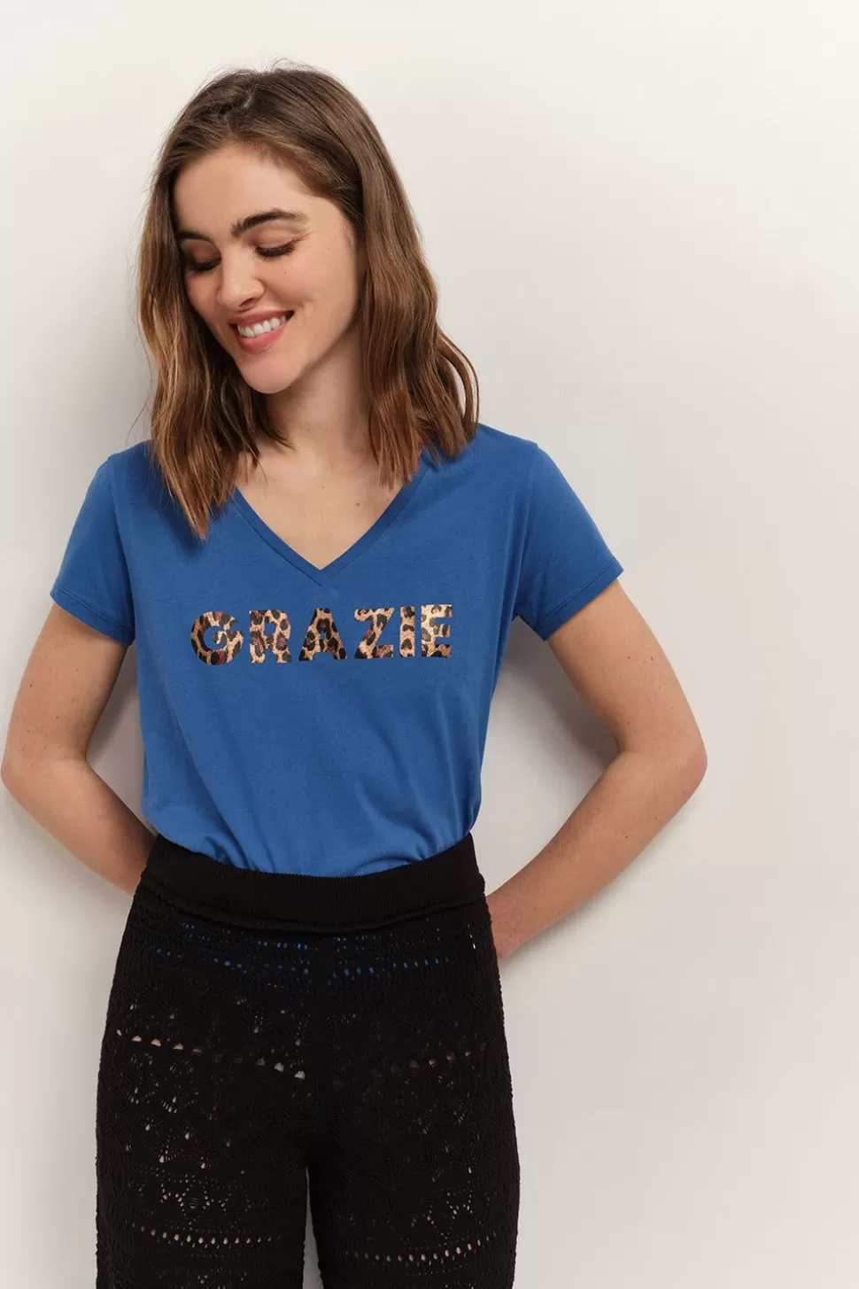 One Step Mica - T-Shirt Santorin Blue Coton Bio Message Motif Leopard Metallise New
