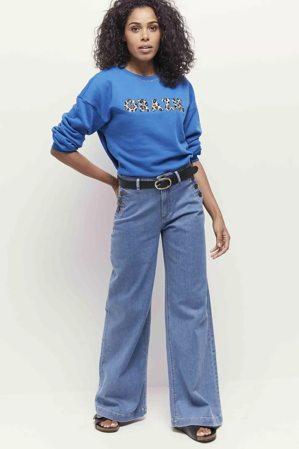 One Step Midi - Sweat Santorin Blue Message Brode Motif Leopard Hot
