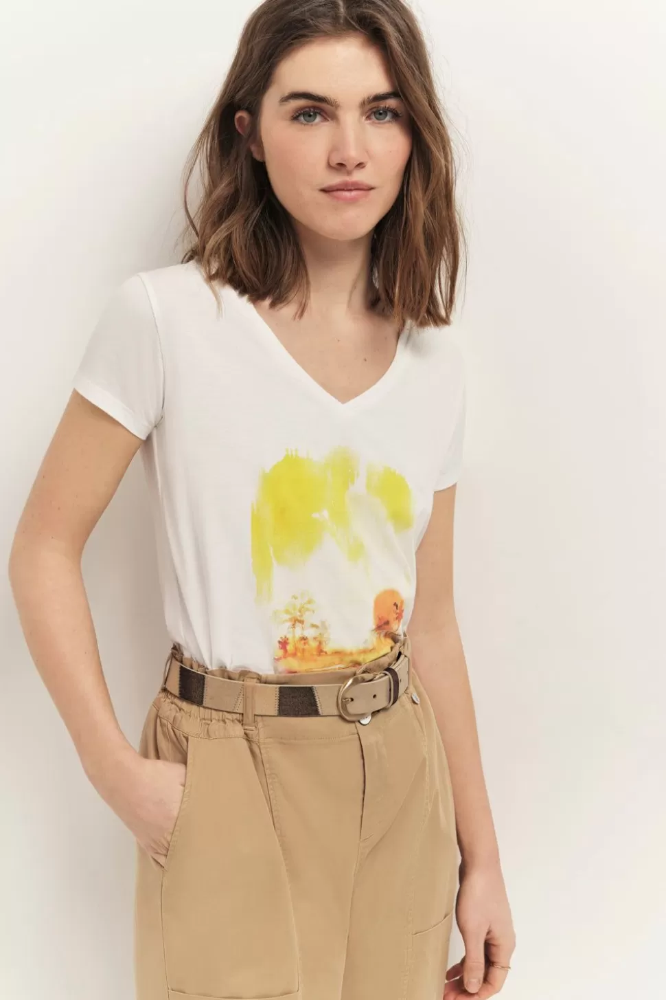 One Step Mira - T-Shirt Ecru Coton Bio Serigraphie Palmiers Outlet